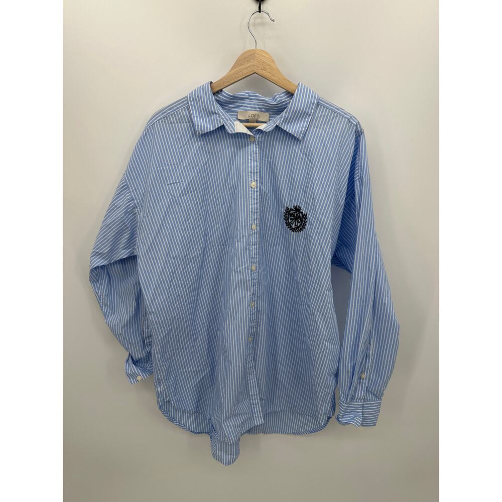 Loft Striped Poplin Crest Everyday Oversized Shirt Women XL Preppy Academia